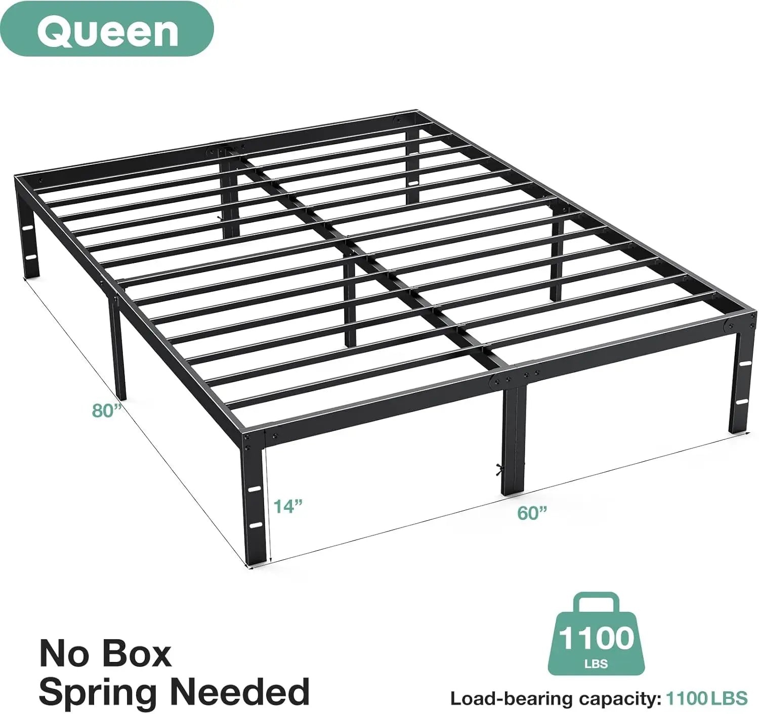 14 Inch High Full-size bed frame - Large heavy-duty metal platform beds frames w/storage space at the bottom, Full bed frame