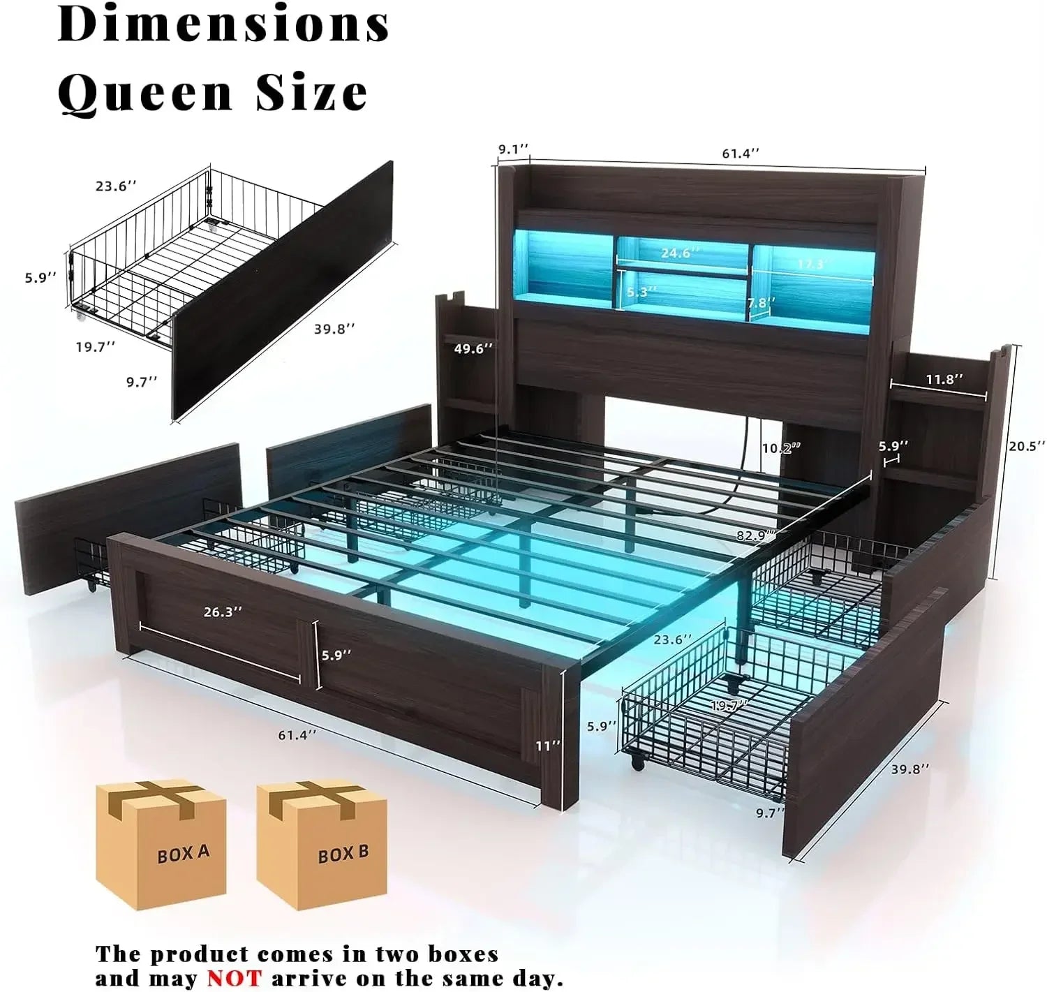 Queen Bed Frame with 49.6" Bookcase Headboard & 2 Bedside Stoage Racks & 4 Drawers, Farmhouse Wood Bed Frame