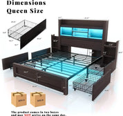 Queen Bed Frame with 49.6" Bookcase Headboard & 2 Bedside Stoage Racks & 4 Drawers, Farmhouse Wood Bed Frame