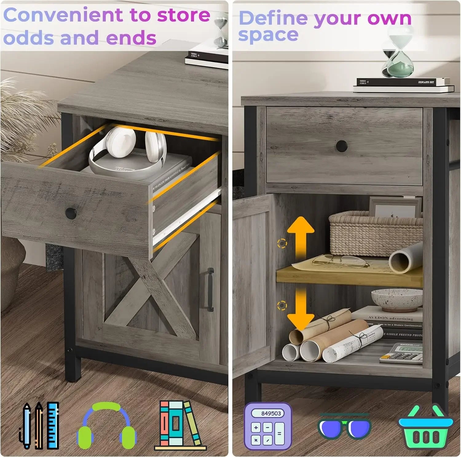 63" L Shaped Desk, Convertible 86.6" Home Office Desk or Corner Desk, Office Computer Desk with Drawer, Power Strip