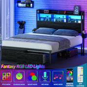 Full/Queen Size Bed Frame with Storage Headboard, Metal Platform Bed Frame with Storage Drawers, LED Lights and Charging Station