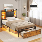 LED Twin Bed Frame w/Storage Drawers & Charging Station, Upholstered Bed Frame w/Headboard, No Box Spring Needed, Bed Frames