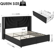 King Upholstered LED Bed Frame with 2 Storage Drawers, Velvet Platform Bed with Wingback Headboard, Solid Wooden Slats Support