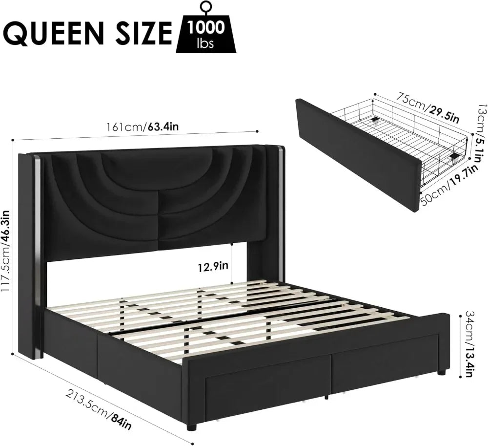 King Upholstered LED Bed Frame with 2 Storage Drawers, Velvet Platform Bed with Wingback Headboard, Solid Wooden Slats Support
