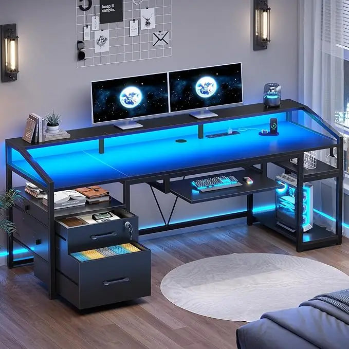 63" Computer Desk, Office Desk with Lockable Drawers for Legal/Letter File, Gaming Desk with LED Lights & Power Outlet, Home Of