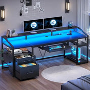 63" Computer Desk, Office Desk with Lockable Drawers for Legal/Letter File, Gaming Desk with LED Lights & Power Outlet, Home Of