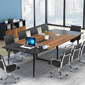 8FT Conference Table, 94.48L x 47.24W x 29.52H Inches Boat Shaped Meeting Table with Rectangle Grommet, Modern Seminar Boardroo