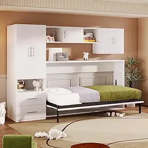 Full Murphy Bed with Storage Shelves, Drawers, LED Light, and Flexible Slats Support
