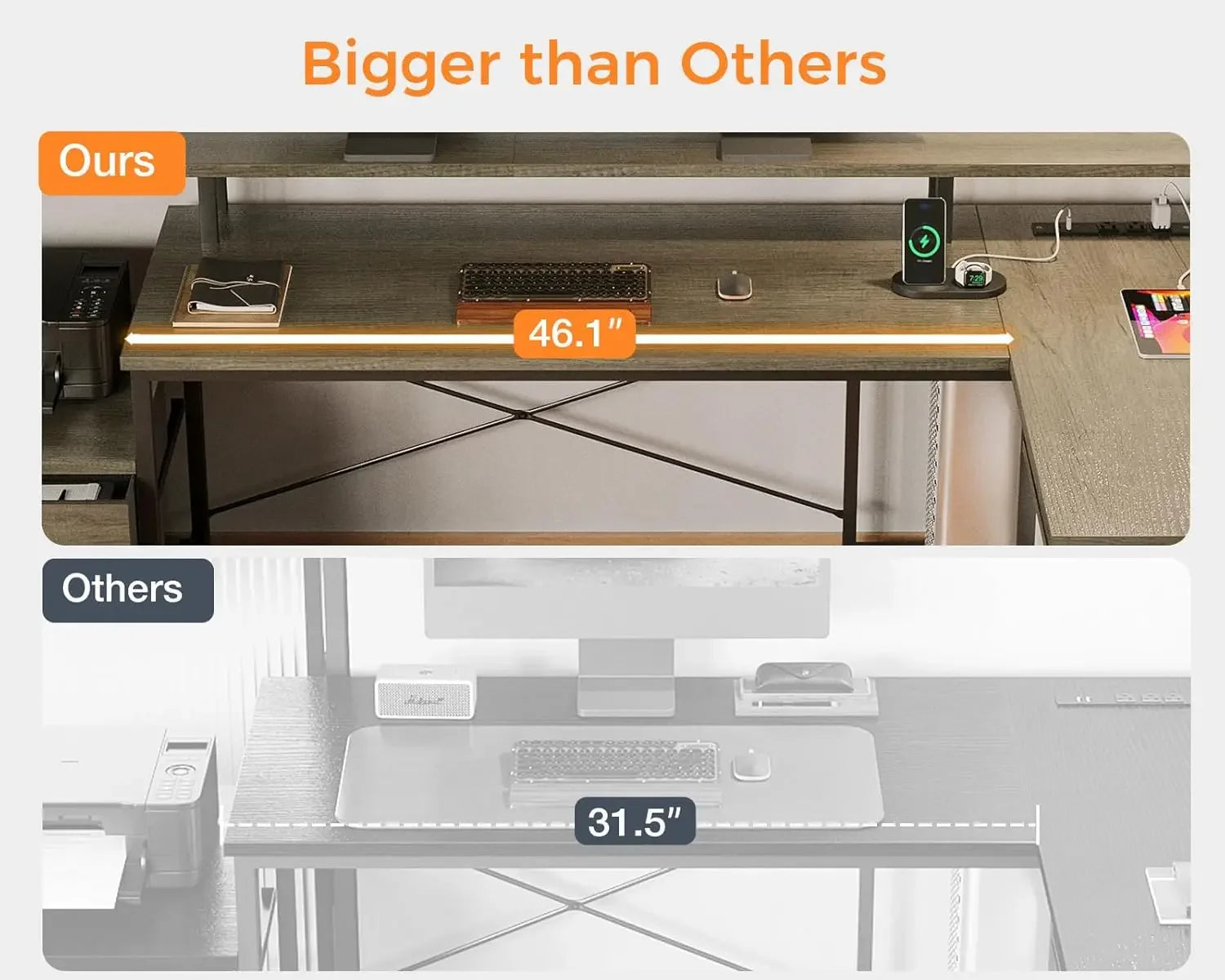 L Shaped Desk with File Drawer, 75" Reversible L Shaped Computer Desk with Power Outlet & LED Strip, Corner Desk, Grey Oak
