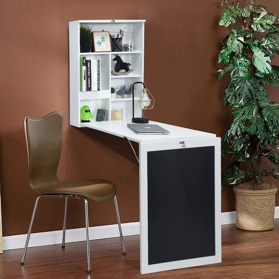 FurnishSpot Hideaway Fold Wall Desk – Wall-Mounted Folding Desk with Storage Shelves & Hooks