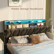 Vabches Floating Queen Bed Frame With Storage Headboard&LED Light Bed Frame with Charging Station Upholstered Platform Bed Frame