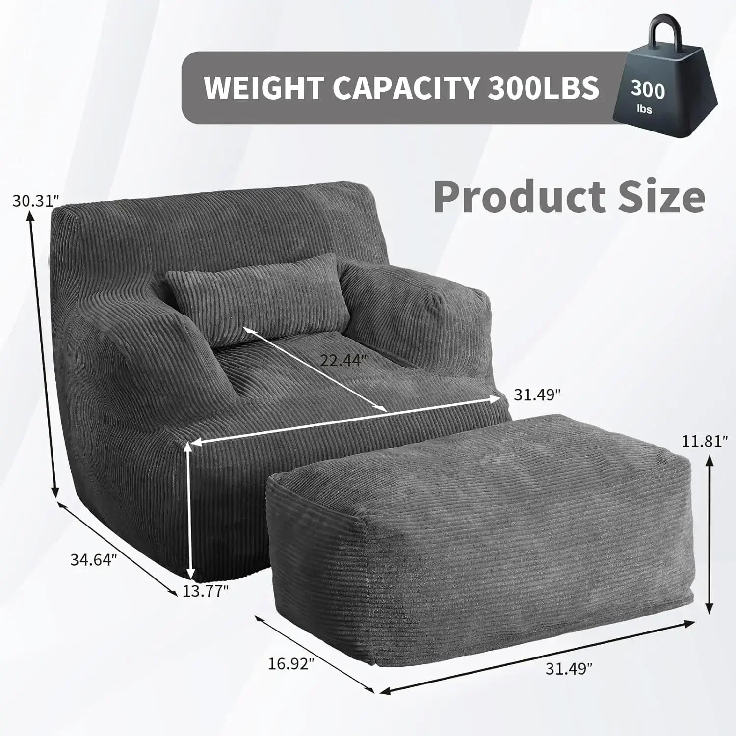Bean Bag Sofa Chair with Ottoman, Giant Bean Bag Chair for Adults, Comfy Reading Chair,Living Room, Bedroom (Grey)