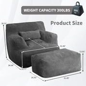 Bean Bag Sofa Chair with Ottoman, Giant Bean Bag Chair for Adults, Comfy Reading Chair,Living Room, Bedroom (Grey)