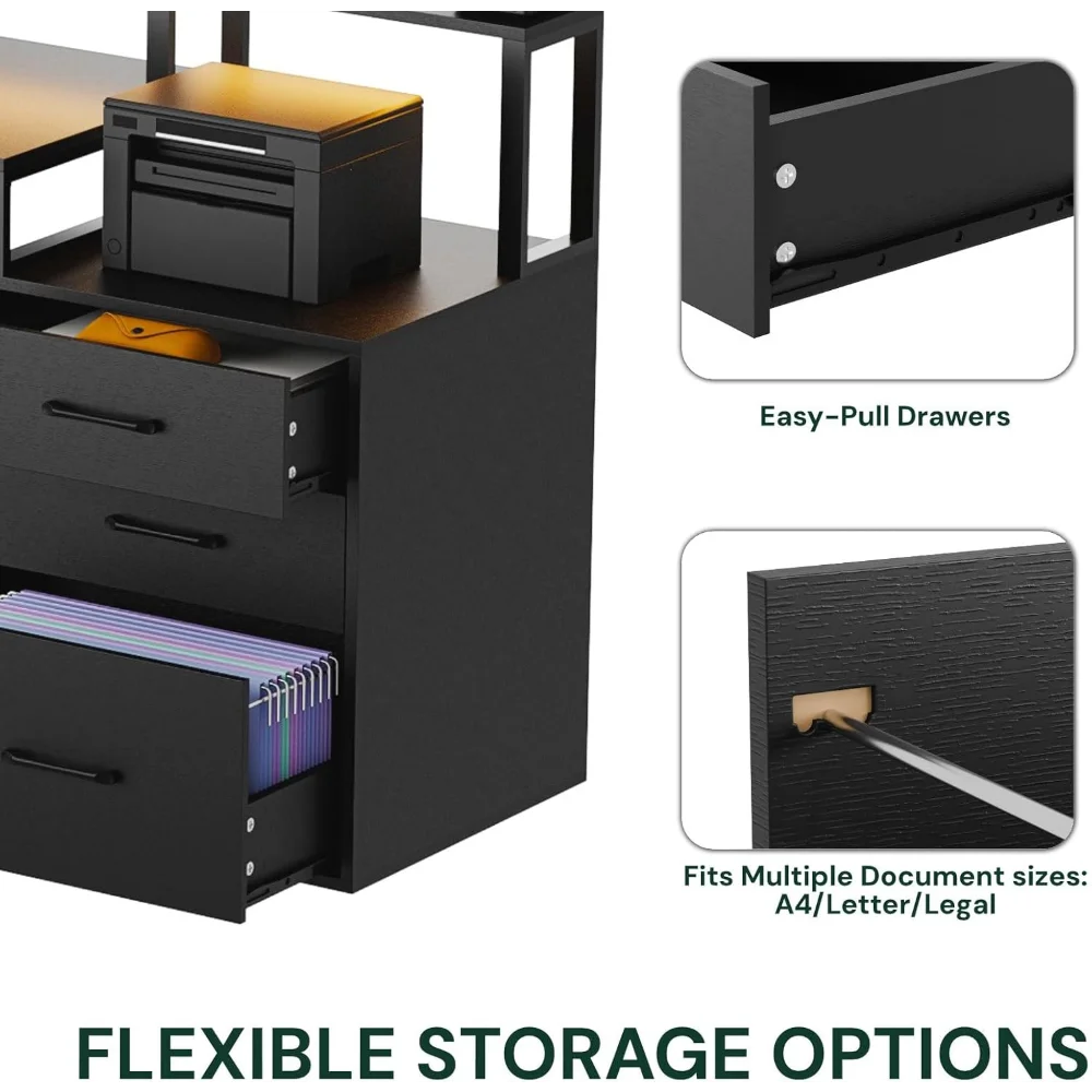 65.7" L Shaped Desk with Drawers, Corner Computer Gaming Desk with Power Outlet & LED Light, Office Desk with File Drawer
