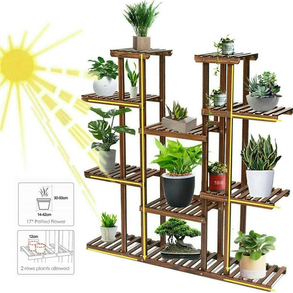 9-Tier Pine Wood and Metal Plant Stand – Indoor & Outdoor Planter Display Rack for Flowers, Bonsai, Succulents, Garden, Balcony, Living Room