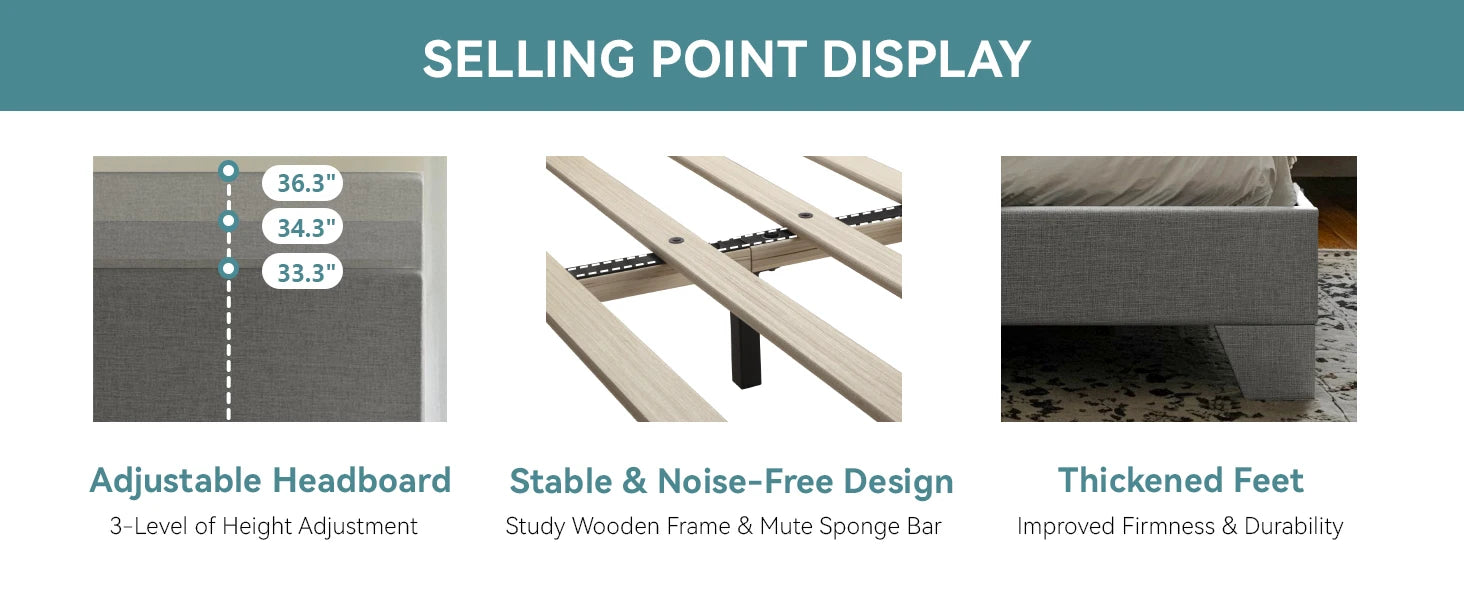 HOOMIC Upholstered Bed Frame with Adjustable Headboard – Sturdy Wooden Platform Bed, Noise-Free Design, Easy Assembly, Modern Bedroom Furniture, Fits Standard Mattress