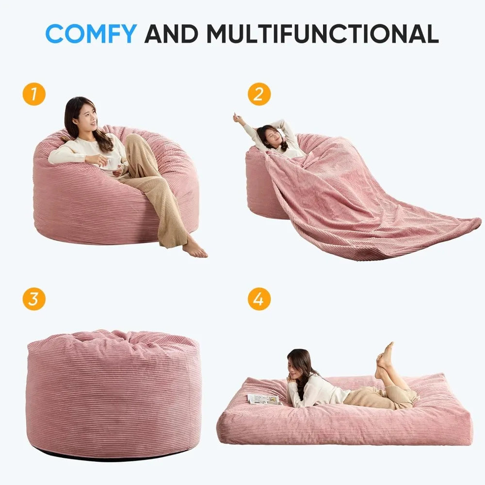 Striped Style Giant Bean Bag Chair Bed for Adults, Convertible Adult Beanbag from Lazy Chair to Floor Mattress, Large Round Bea