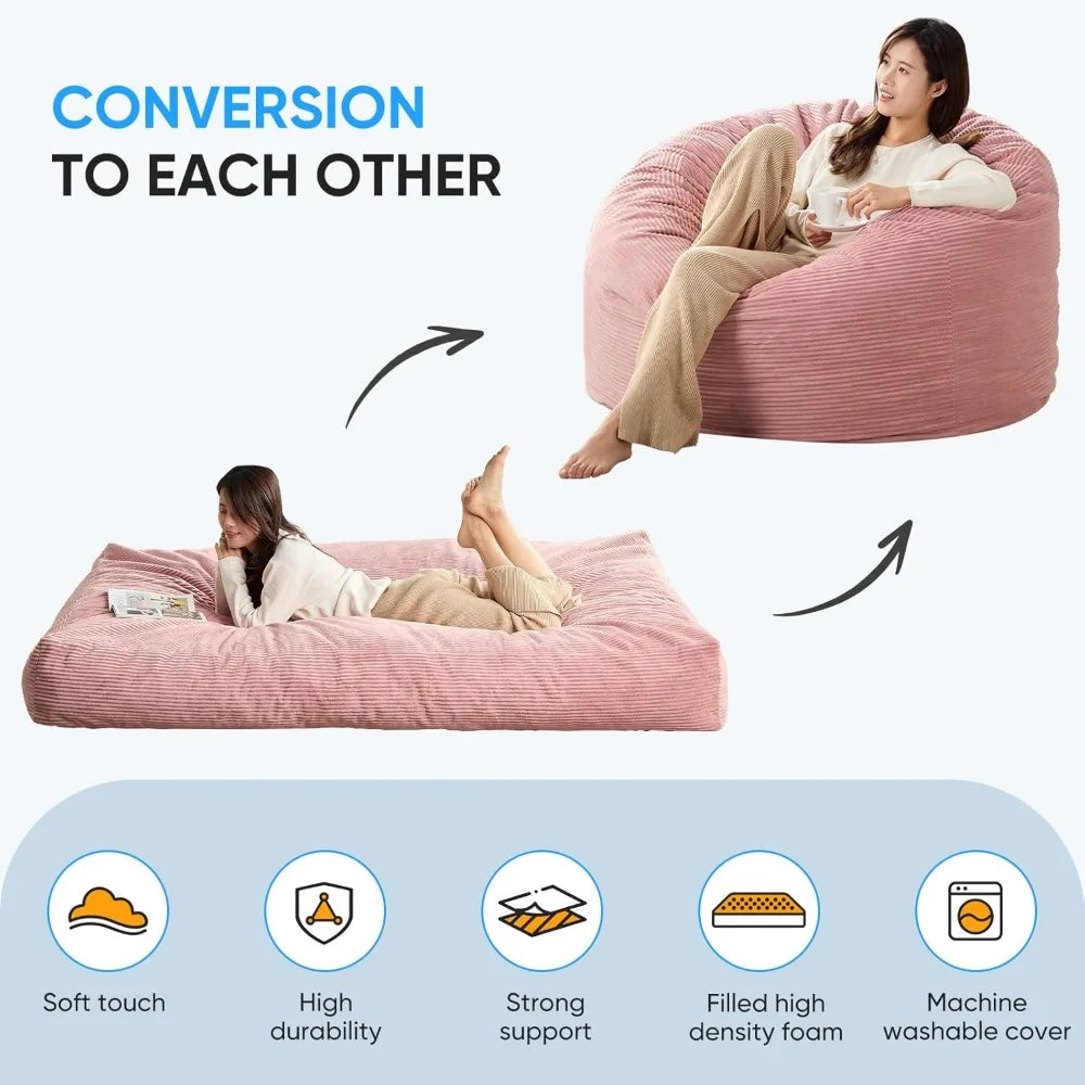 Striped Style Giant Bean Bag Chair Bed for Adults, Convertible Adult Beanbag from Lazy Chair to Floor Mattress, Large Round Bea