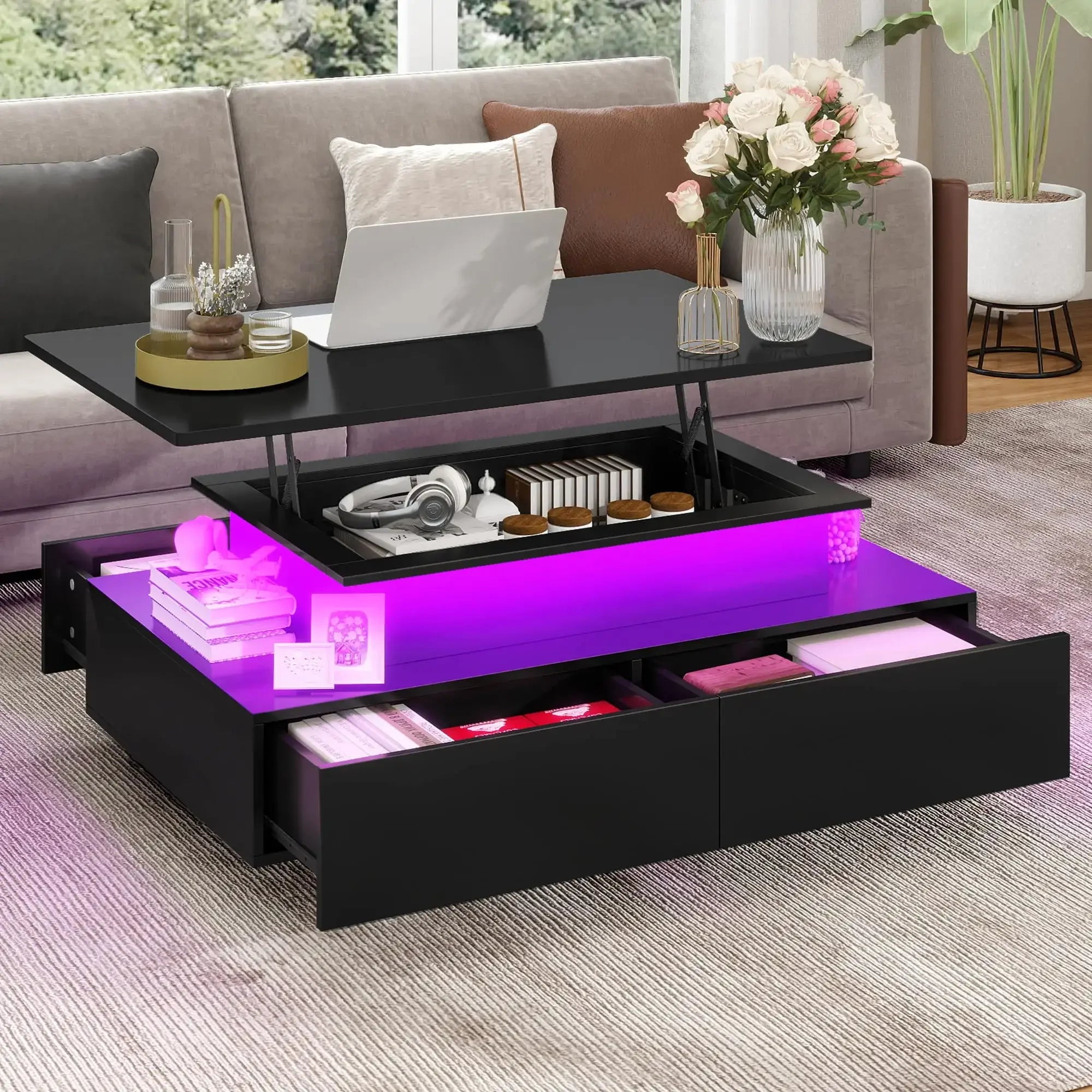 LED Lift Top Coffee Table, Modern Living Room Tables with 4 Spacious Drawers, Black