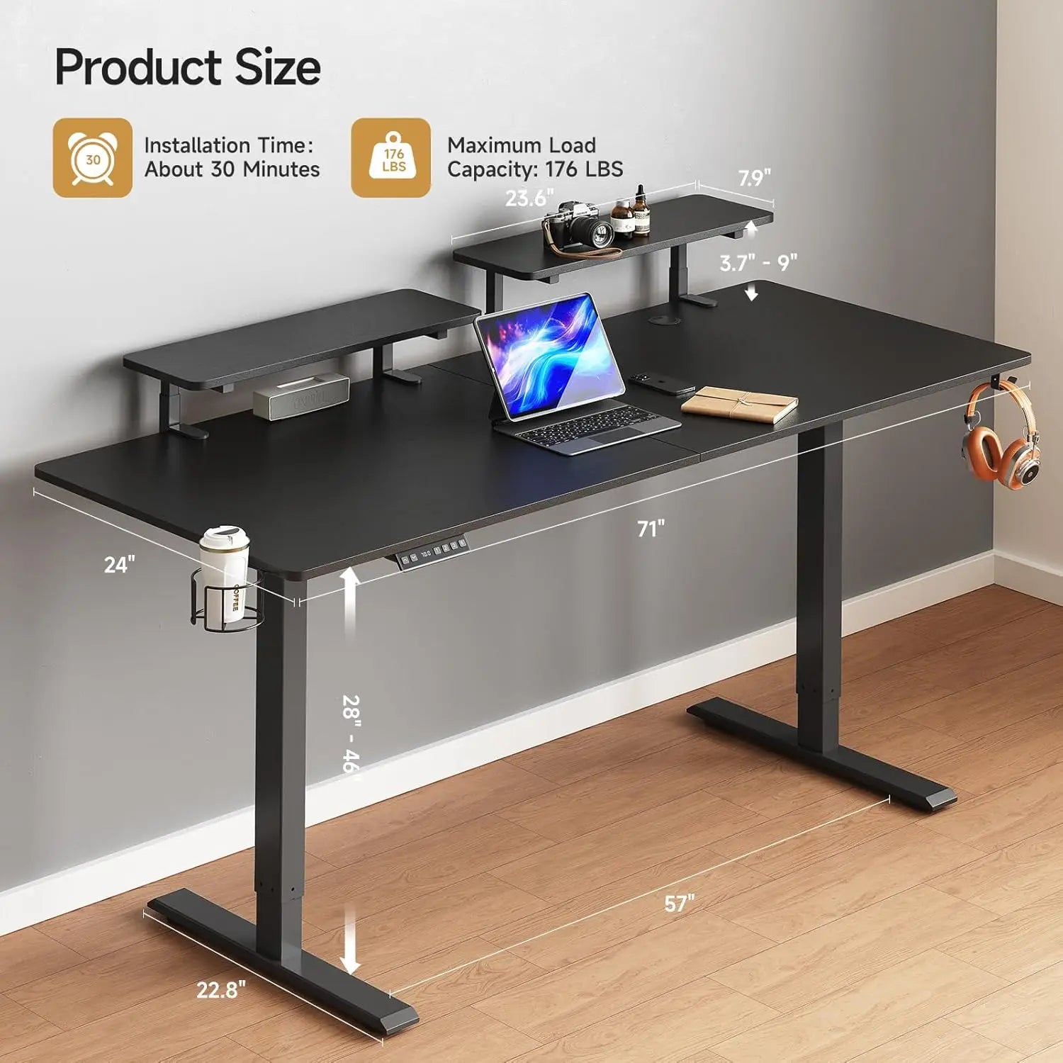  2 Adjustable Monitor Shelves,Electric Stand Up Desk with Memory Controller & Adjustable Height