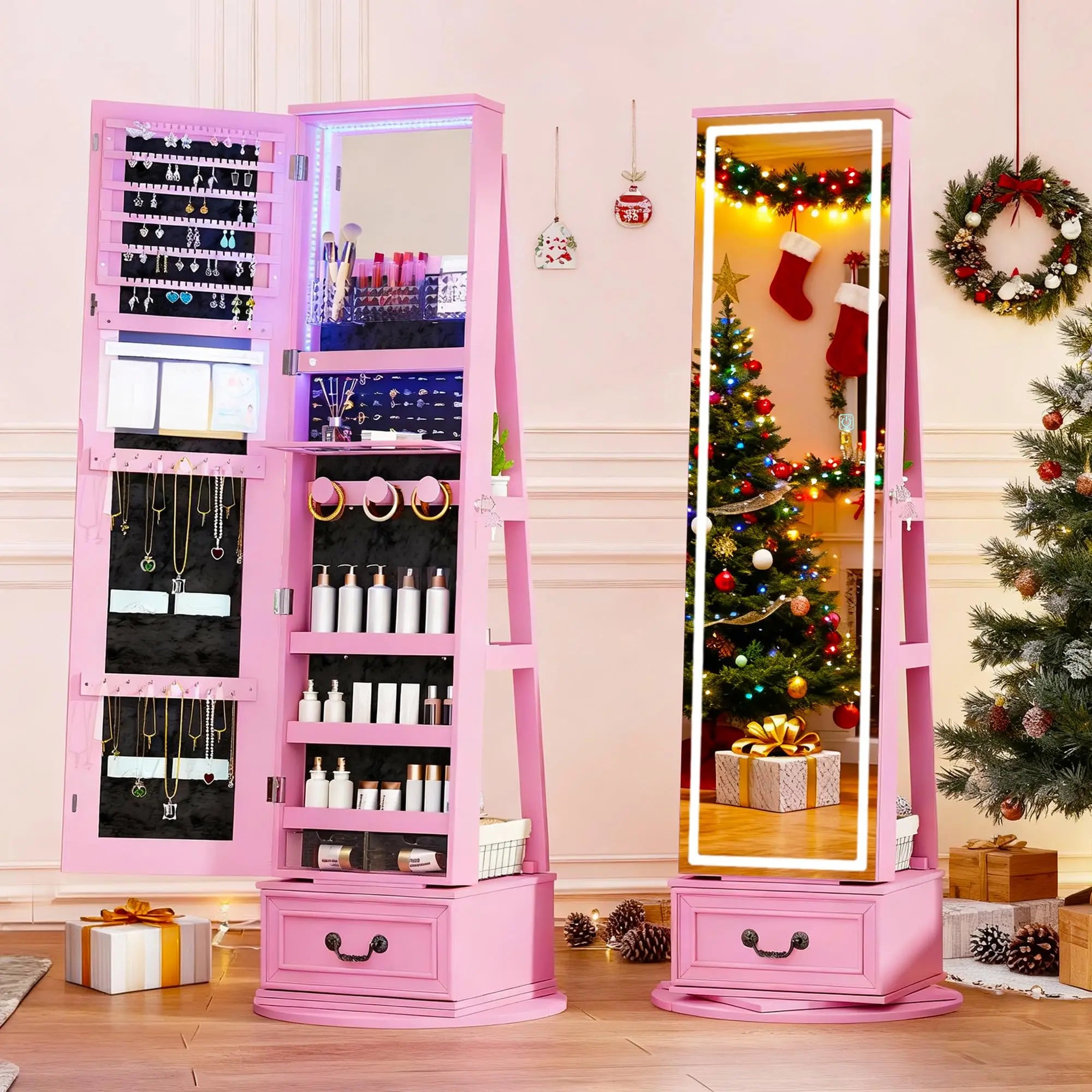 Standing LED Jewelry Armoire with Full-Length Mirror & 360° Swivel Storage Cabinet