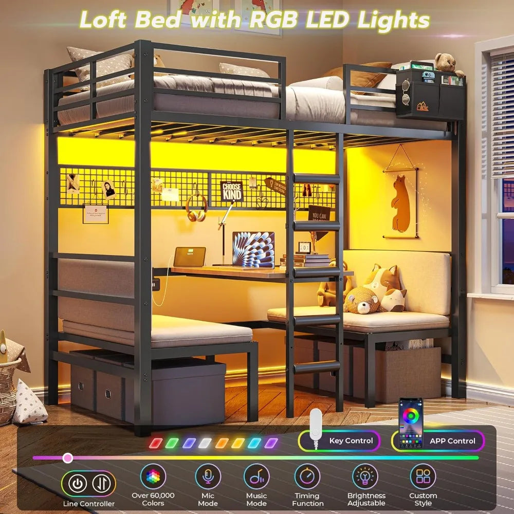 Twin Over Twin Bunk Bed with Led Lights and Charging Station Convertible Loft Bed Twin Size with Desk and Seat Metal Bunk Bed w