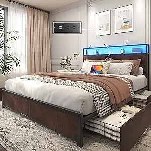 Queen Bed Frame with 2-Tier Storage Headboard, Metal Frame with 4 Storage Drawers, and Built in Charging