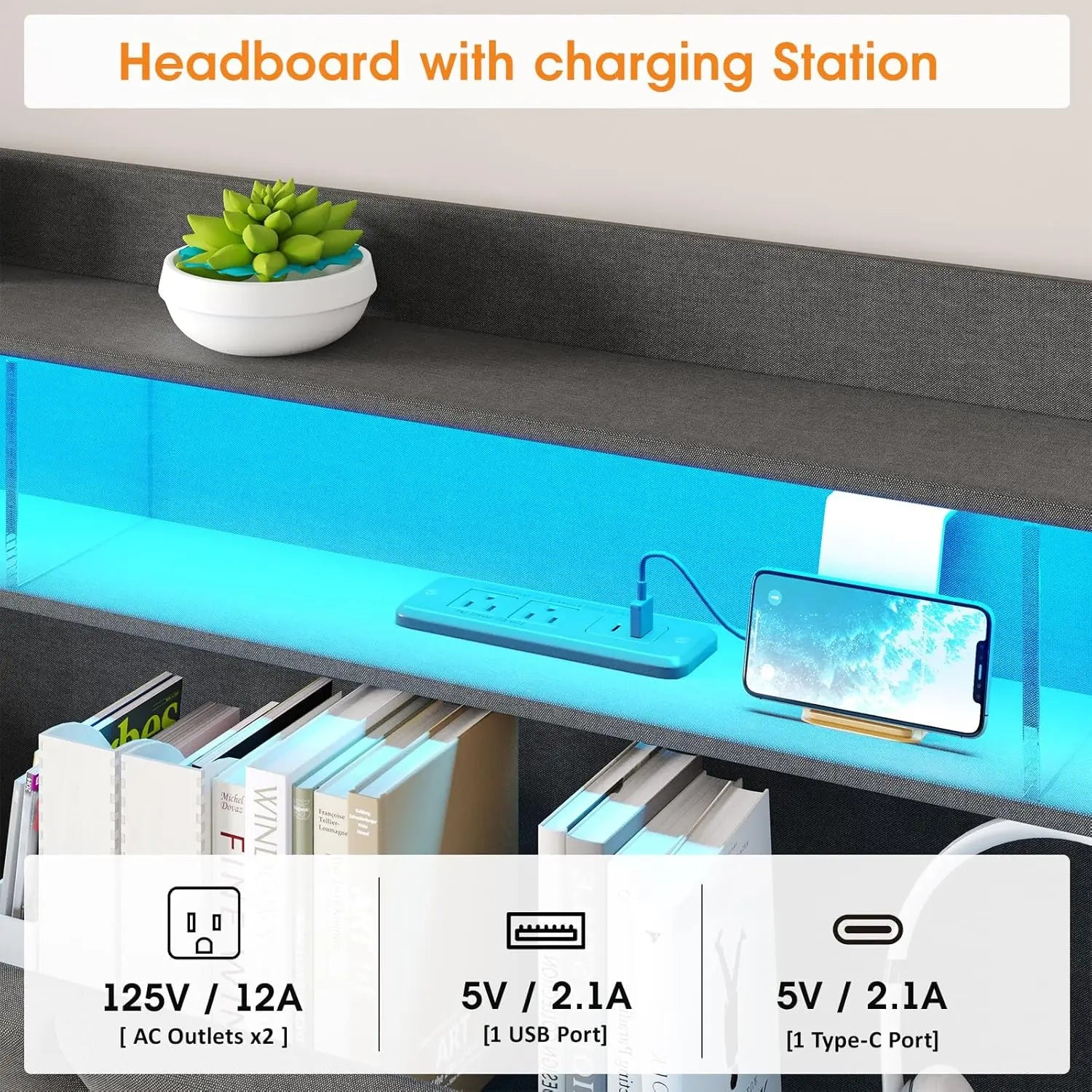Vabches Queen Size Bed Frame with Headboard&4 Dustproof Storage Drawer Upholstered Platform Bed Frame with Power Strip&LED Light