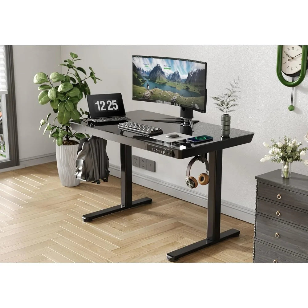 Glass Standing Desk with Drawers, 40 Inch Adjustable Stand Up Desk, Quick Install Home Office Computer Desk with USB Ports, Blac
