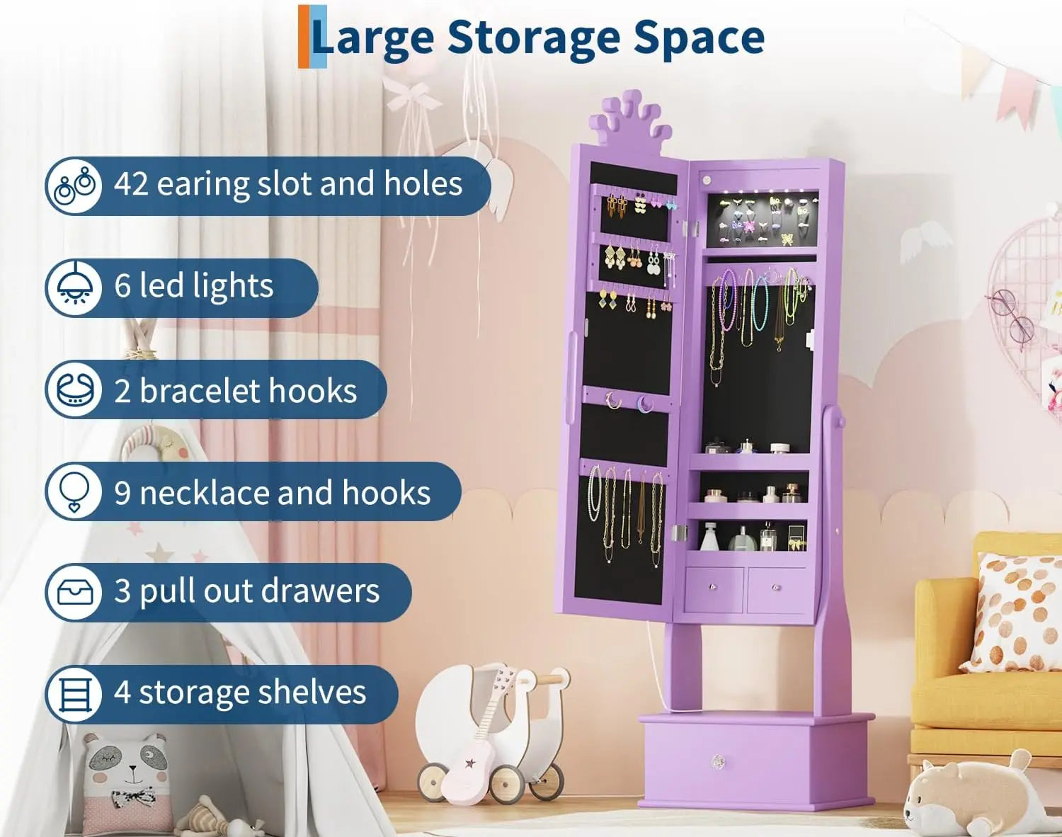Freestanding Girls Jewelry Organizer with Full-Length Mirror & Three Storage Drawers