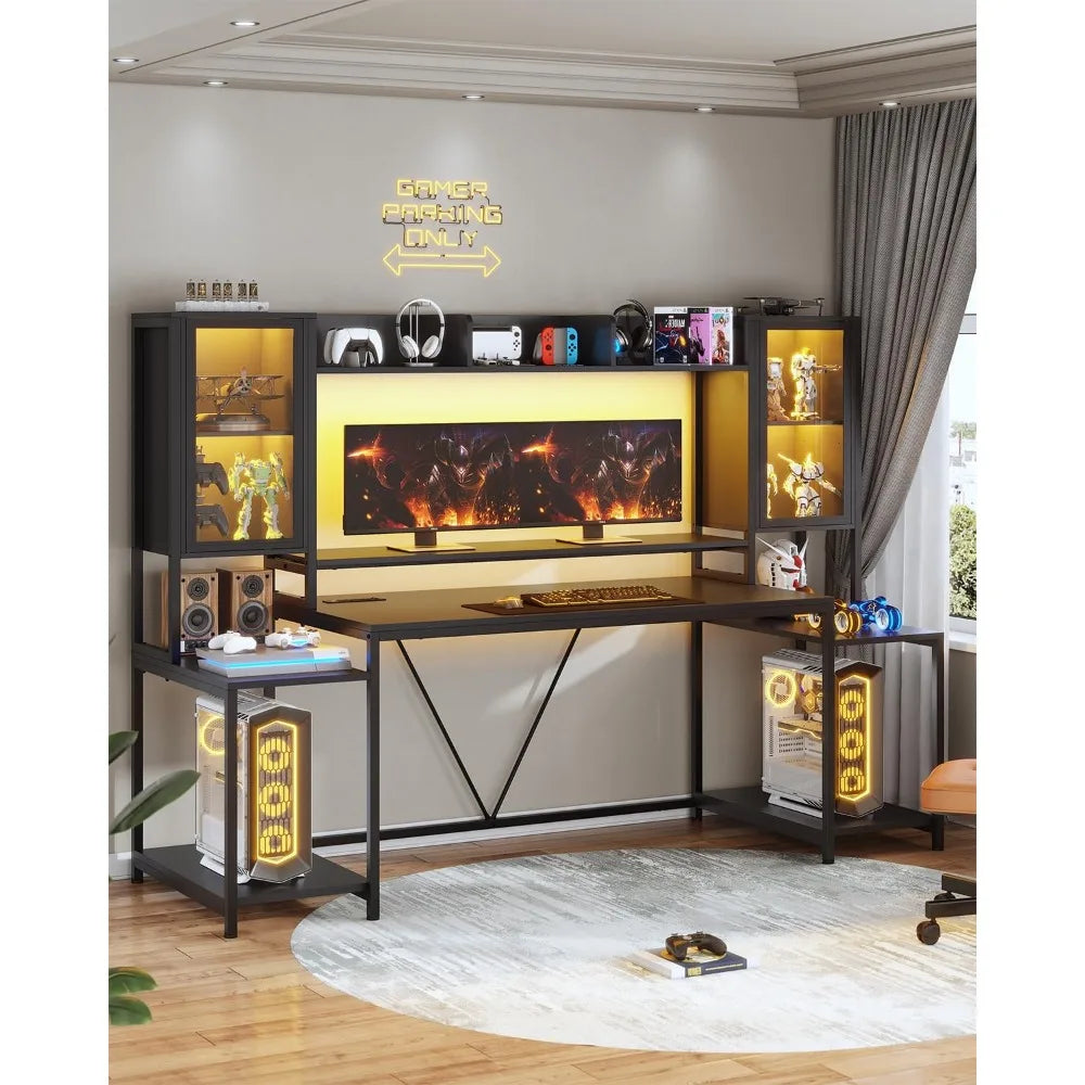 Gaming Desk 74.8'' with LED Lights, Hutch and Storage Shelves, Computer Desk with Monitor Stand, Large PC Gamer Desk Workstatio