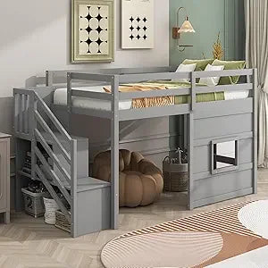 Playful Design Full Size Low Loft Bed with Slide and 3 Storage Drawers, Multiple Functions Wooden Loft Bed Frame with 2 Doors fo