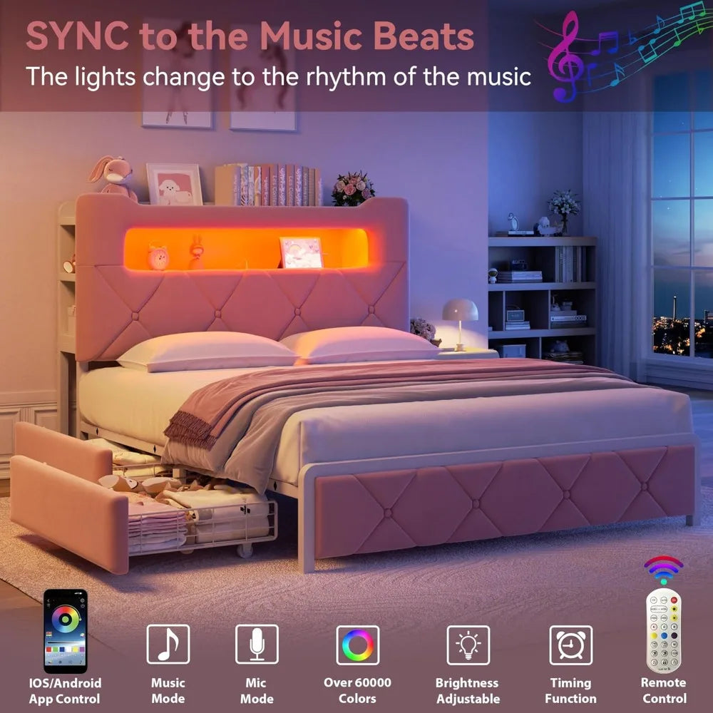 Queen Upholstered LED Bed Frame with 2 Storage Drawers and 2-Tier Storage Headboard,Velvet Princess Platform Bed with Charging