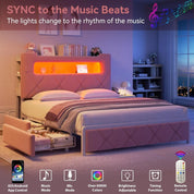 Queen Upholstered LED Bed Frame with 2 Storage Drawers and 2-Tier Storage Headboard,Velvet Princess Platform Bed with Charging