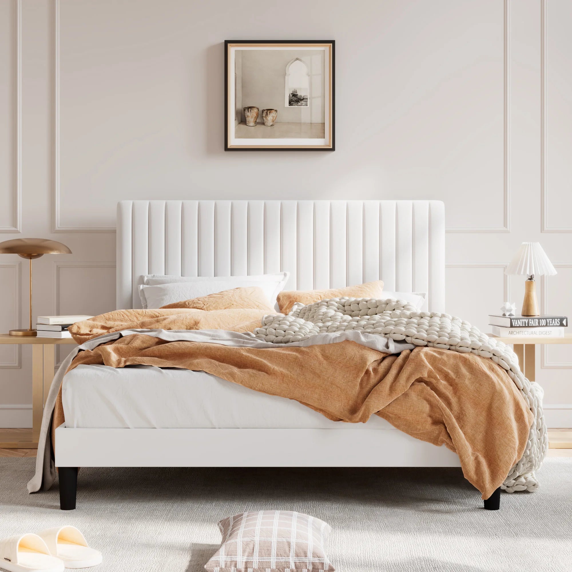 Upholstered Platform Bed Frame with Vertical Channel Tufted Velvet Fabric Adjustable Headboard