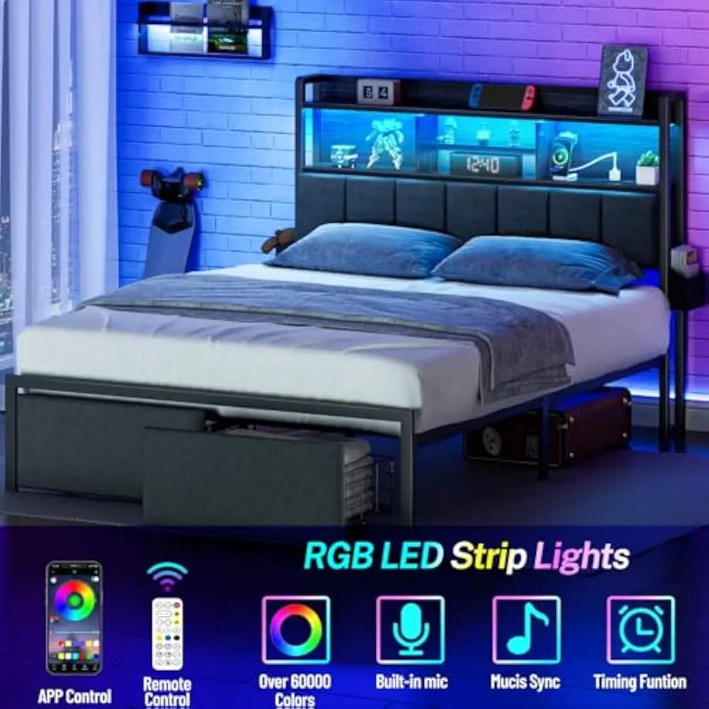 LED Queen Size Bed Frame with Storage Drawer and Charging Station