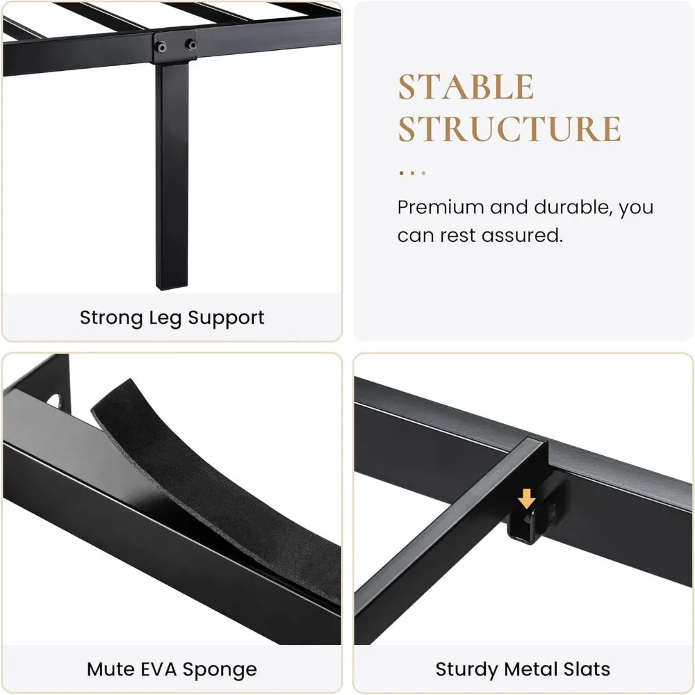 Heavy Duty Platform Metal Base Bed Frame with Modern Headboard