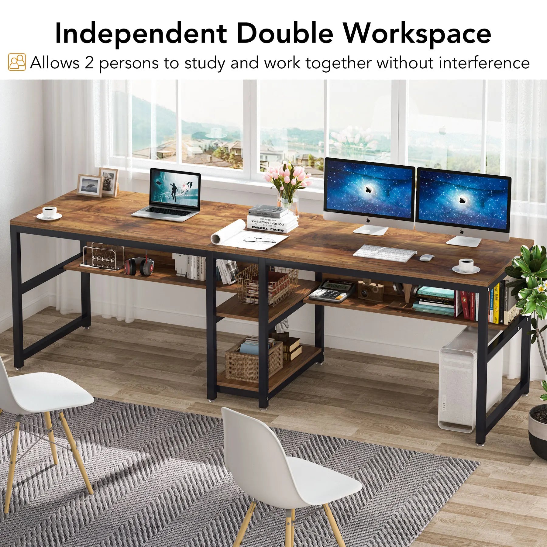 FurnishSpot® Wooden Computer Desk with Storage Cabinet – Mahogany Finish