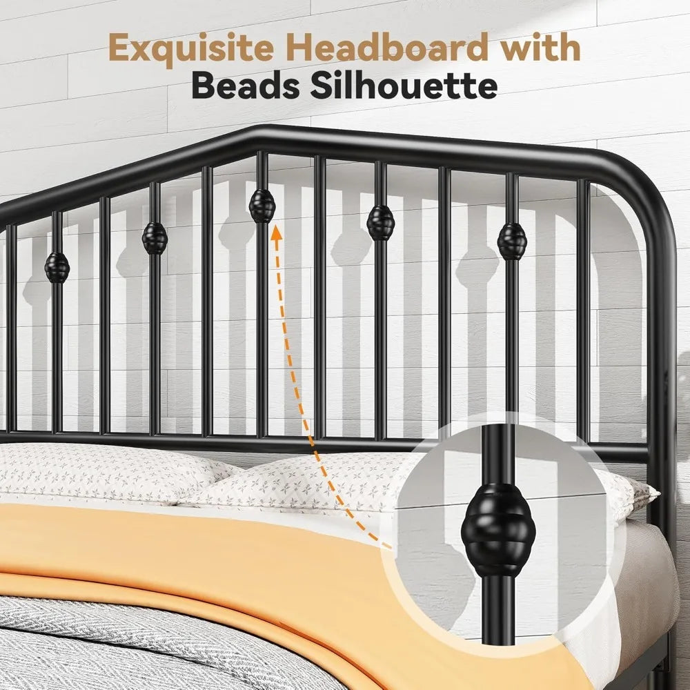 14 Inch Queen Bed Frame, Sturdy Rustic Metal Bed Frame Queen Size, Queen Bed Frame with Headboard and 12.5" Under