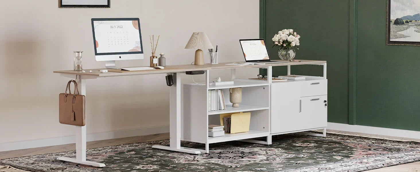 L-Shaped Executive Standing Desk with File Cabinet and Shelves, Electric Height Adjustable, Light Walnut