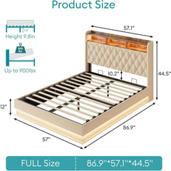 Full Bed Frame with Storage, LED Lights, and Charging