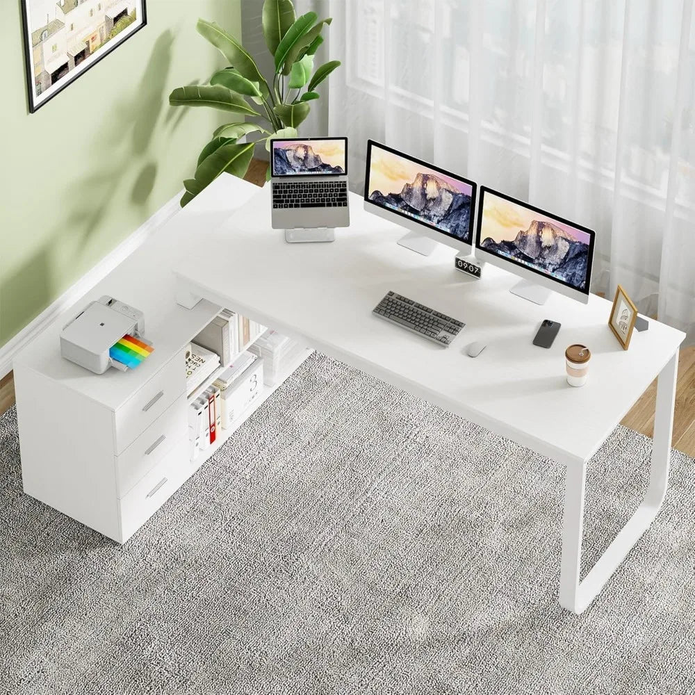 L-Shaped Desk with Drawers and Shelves, 55" Craft Desk with Storage, Removable Monitor Stand, Reversible L-Shaped Desk