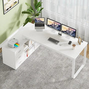 L-Shaped Desk with Drawers and Shelves, 55" Craft Desk with Storage, Removable Monitor Stand, Reversible L-Shaped Desk