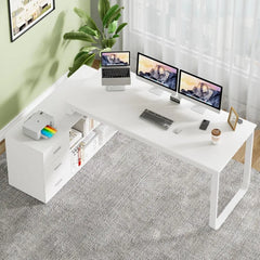 L-Shaped Desk with Drawers and Shelves, 55" Craft Desk with Storage, Removable Monitor Stand, Reversible L-Shaped Desk