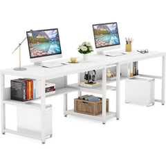 Desk with Bookshelf, 78.7 Computer Office Double Desk for Two Person, Rustic Writing Desk Workstation with Shelf for Home Office