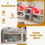 Kids Loft Bed with LED Light, Wooden Double Loft Bed with Stairs and Safety Guardrail, with Storage Bookcase
