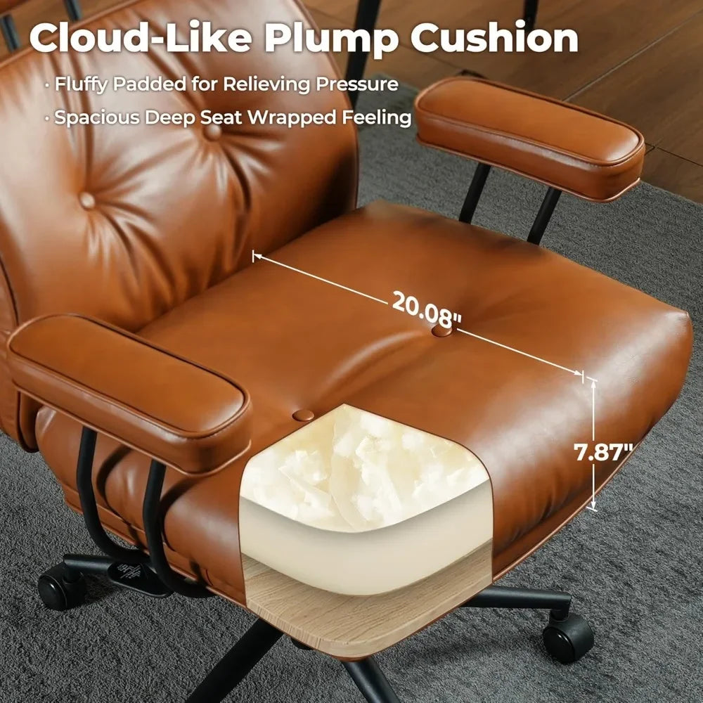 Ergonomic Home Office Chair, Mid-Century Modern Leather Chair with Lumbar Support, High Back Swivel Rolling Executive Chair