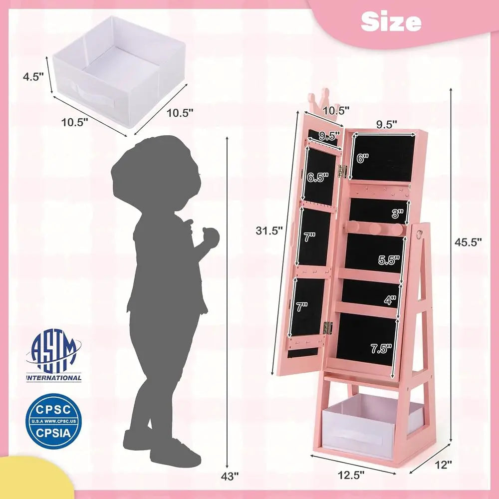 Kids Crown-Themed 45.5" Wooden Jewelry Armoire with Full-Length Mirror & Storage Box