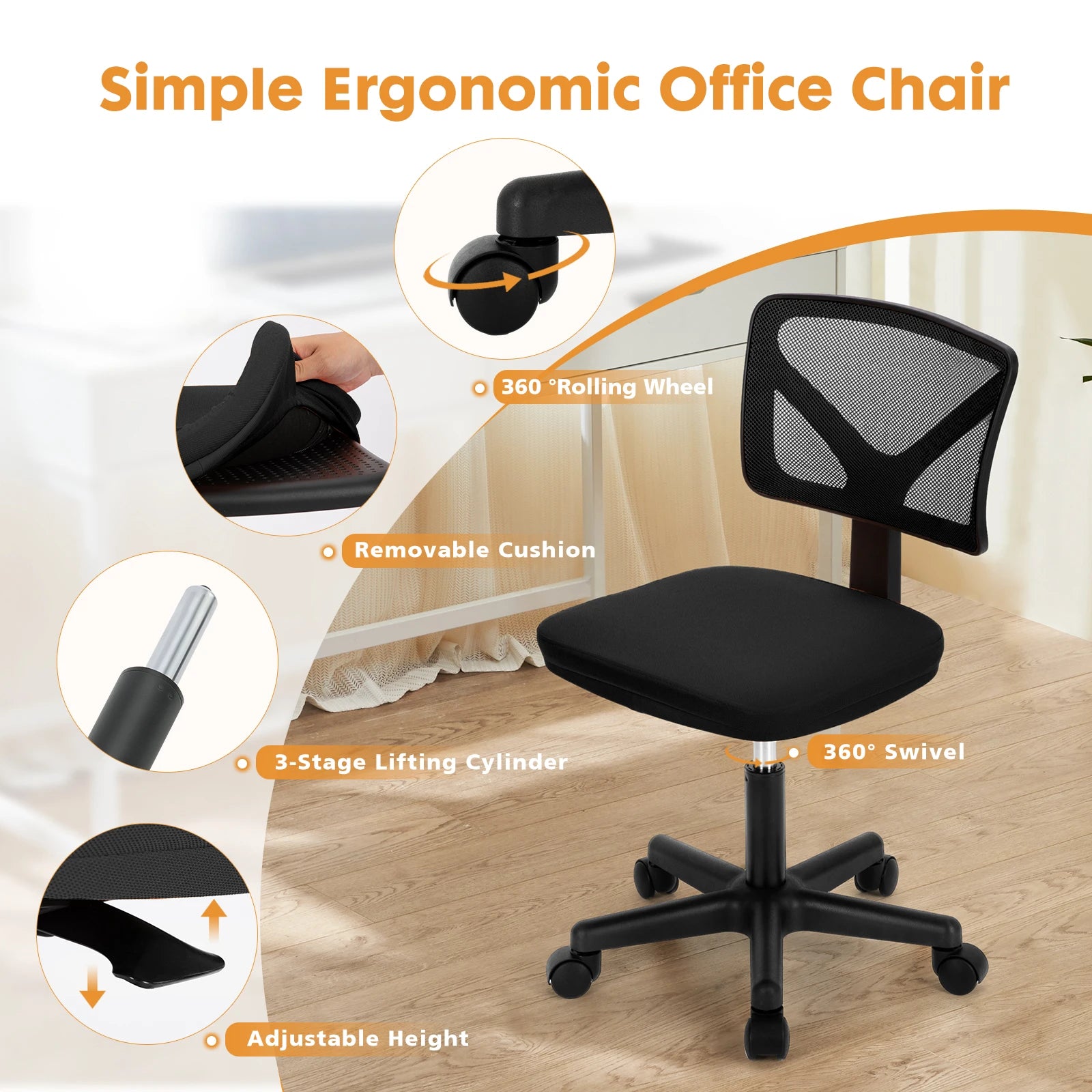 Lumbar Support Low Back Adjustable Height 360° Rolling Swivel Office Chair