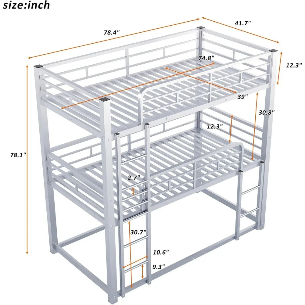 Twin Size Metal Bunk Bed with Built-in Ladder, Safety Guardrails for Small Spaces